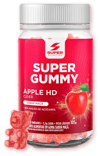 Frasco com 30 cápsulas de gummies sabor maçã com textura com maltitol e zero açúcar