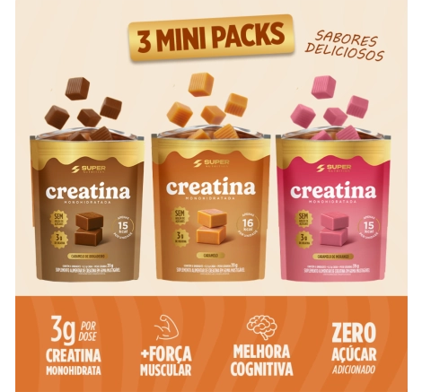 Caramelos de Creatina | Combo 3 Mini Packs (Caramelo, Brigadeiro&nbsp;e&nbsp;Morango)