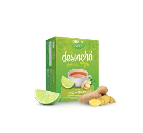 Embalagem chá desinchá 10 saches limão com gengibre frente com ingredientes Embalagem chá desinchá 10 saches limão com gengibre frente com ingredientes